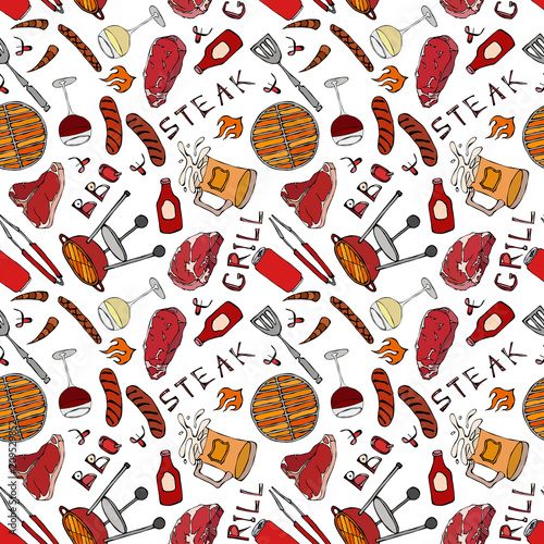 Seamless Pattern of Summer BBQ Grill Party. Steak, Sausage, Barbeque Grid, Tongs, Fork, Fire, Ketchup. Hand Drawn Vector Illustration. Savoyar Doodle Style.
