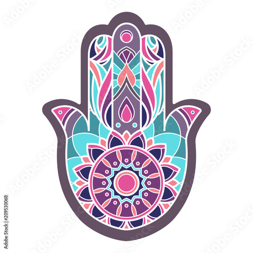 Lineless colorful hamsa hand in purple and green tones photo