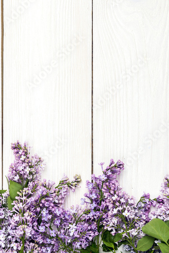 Lilac flowers on white wooden background. Copy space.