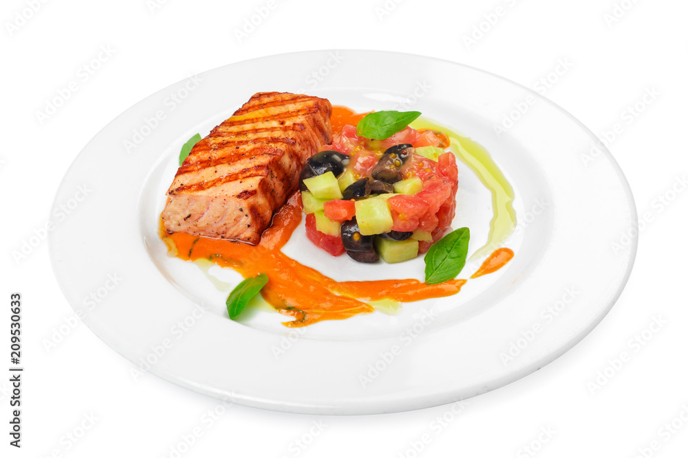 Grilled salmon fillet isolated on white.