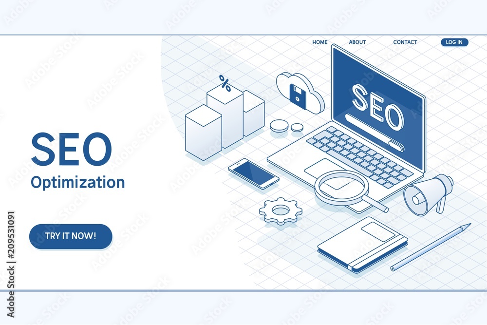 Seo optimization web page template.Flat vector isometric concept Seo optimization web page template.Flat vector isometric concept