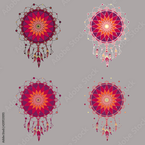 Set of four colorful dreamcatchers in red tones