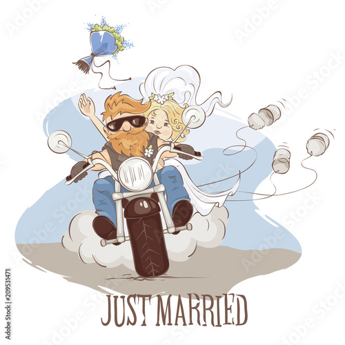 Wedding bikers / Vector illustration, postcard -- just married on a motorcycle