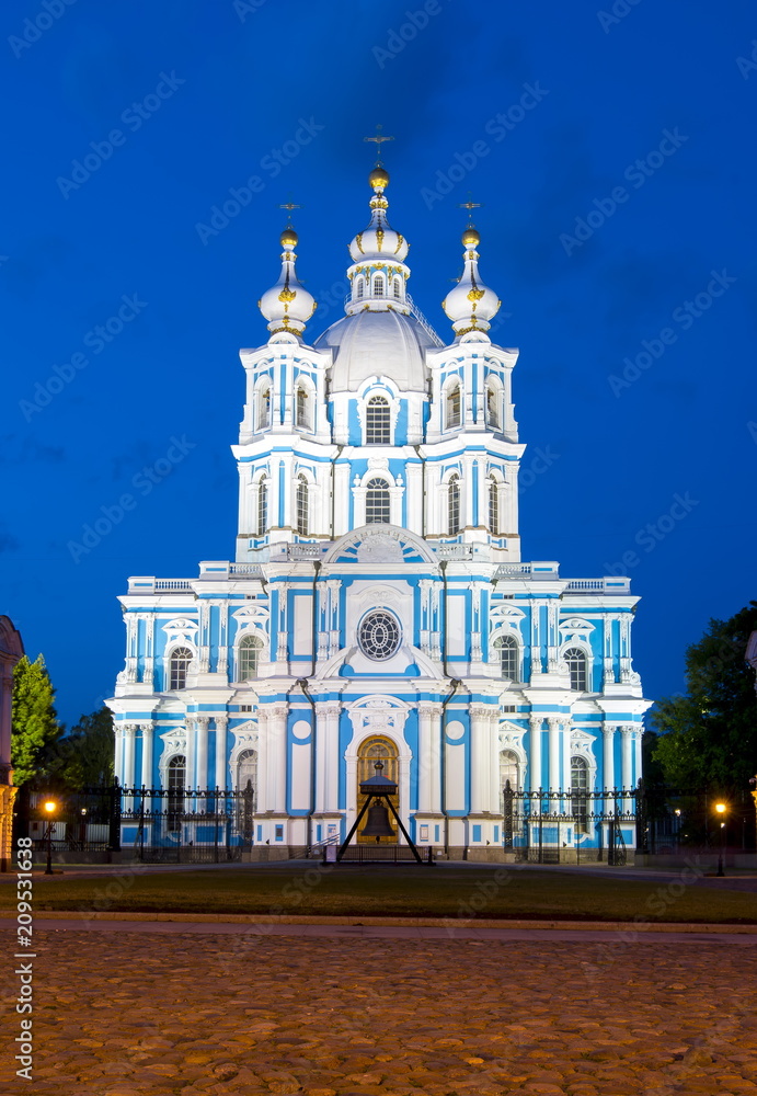 Smolny Cathedral at night, St. Petersburg, Russia
