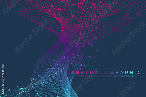 Geometric abstract background with connected lines and dots. Wave flow. Molecule and communication background. Graphic background for your design. Vector illustration.