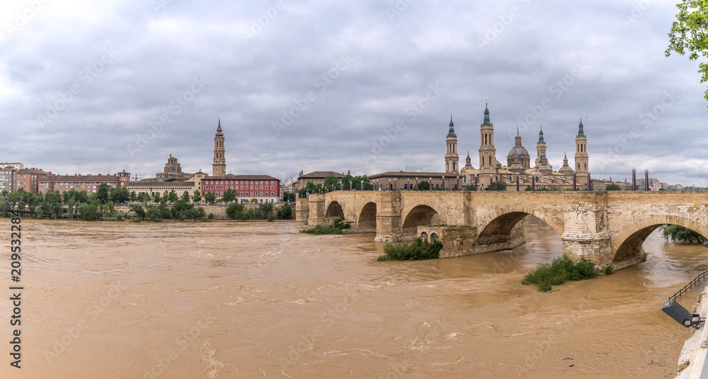 Basilica Cathedral Pilar Zaragoza Aragon Spain, water Ebro river stone bridge