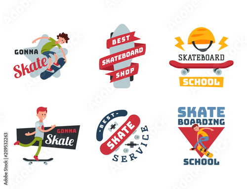 Skateboarders people tricks silhouettes sport badge extreme action active skateboarding urban young jump person vector illustration.