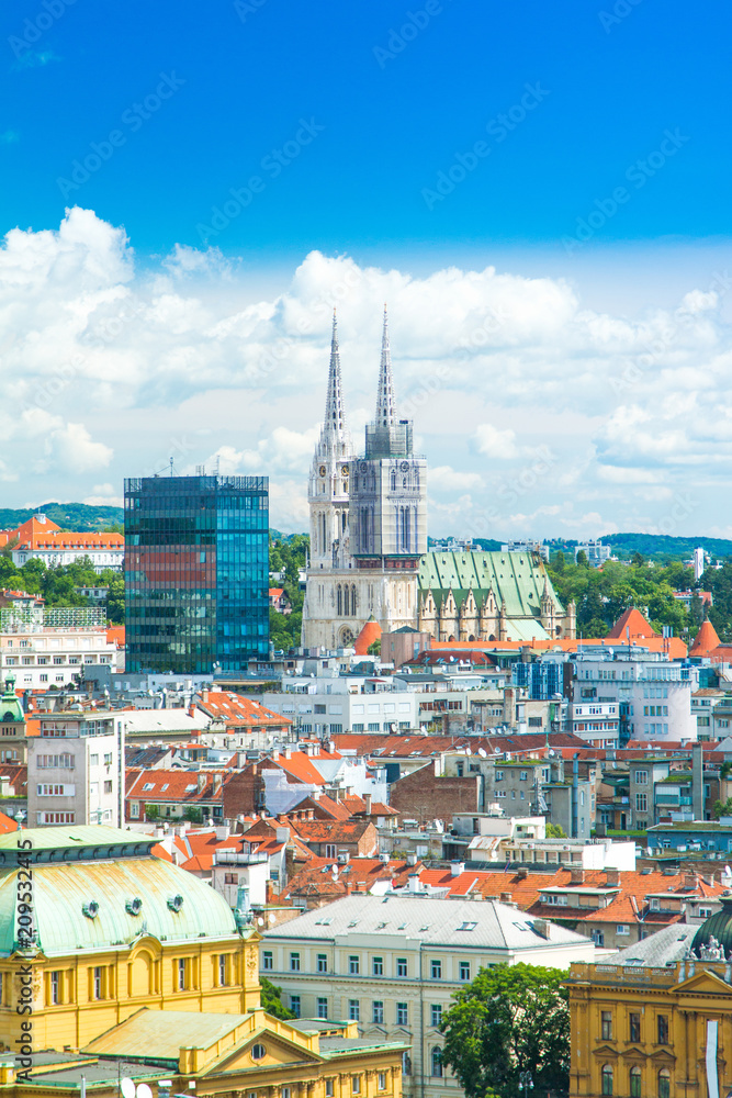      Panoramic view on Zagreb center and catholic cathedral, Croatia 