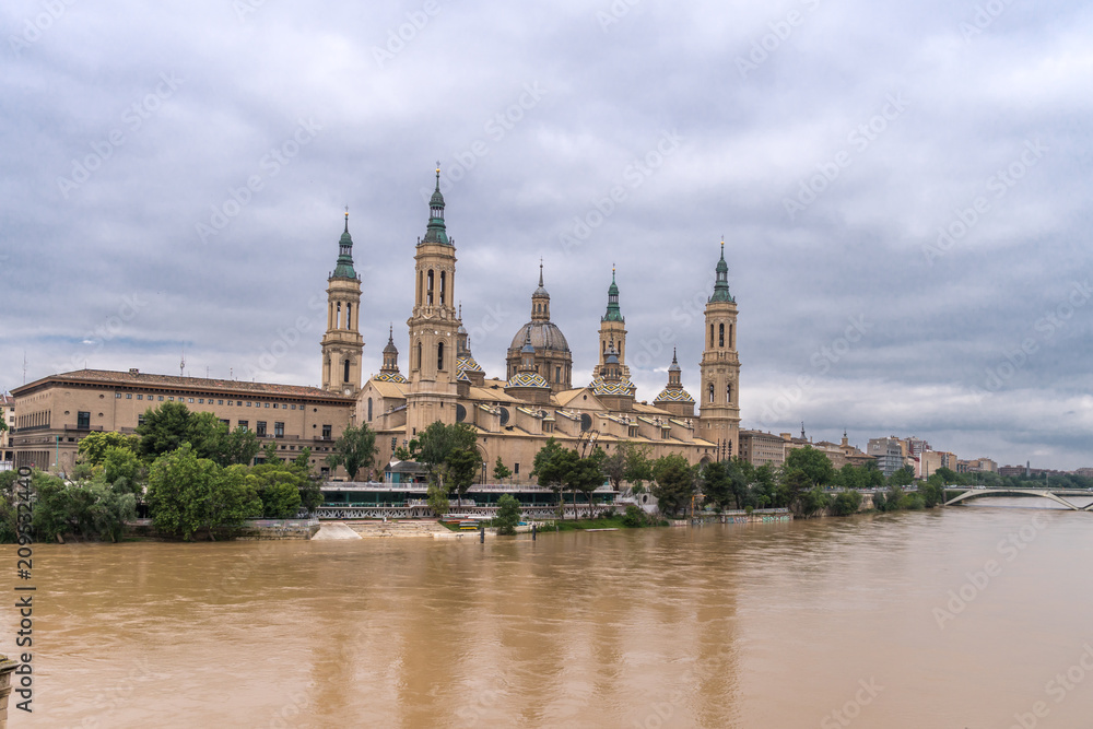 Basilica Cathedral Pilar Zaragoza Aragon Spain, water reflection Ebro river