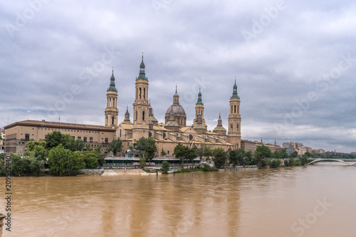 Basilica Cathedral Pilar Zaragoza Aragon Spain, water reflection Ebro river