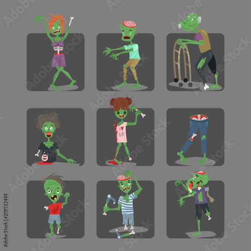 Colorful zombie scary cartoon cards halloween magic people body fun group cute green character part monsters vector illustration.