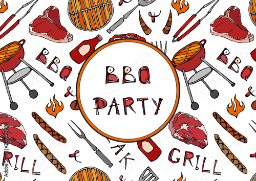 Seamless Pattern of Summer BBQ Grill Party. Steak, Sausage, Barbeque Grid, Tongs, Fork, Fire, Ketchup. Hand Drawn Vector Illustration. Savoyar Doodle Style.