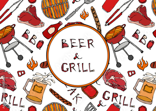Seamless Pattern of Summer BBQ Grill Party. Beer, Steak, Sausage, Barbeque Grid, Tongs, Fork, Fire, Ketchup. Hand Drawn Vector Illustration. Savoyar Doodle Style.