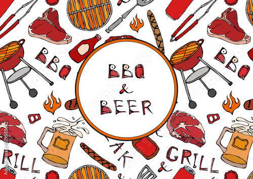 Seamless Pattern of Summer BBQ Grill Party. Beer, Steak, Sausage, Barbeque Grid, Tongs, Fork, Fire, Ketchup. Hand Drawn Vector Illustration. Savoyar Doodle Style.