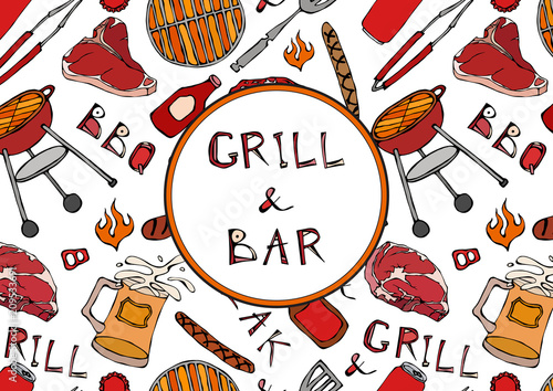 Grill Bar. Seamless Pattern of Summer BBQ Grill Party. Beer, Steak, Sausage, Barbeque Grid, Tongs, Fork, Fire, Ketchup. Hand Drawn Vector Illustration. Savoyar Doodle Style.