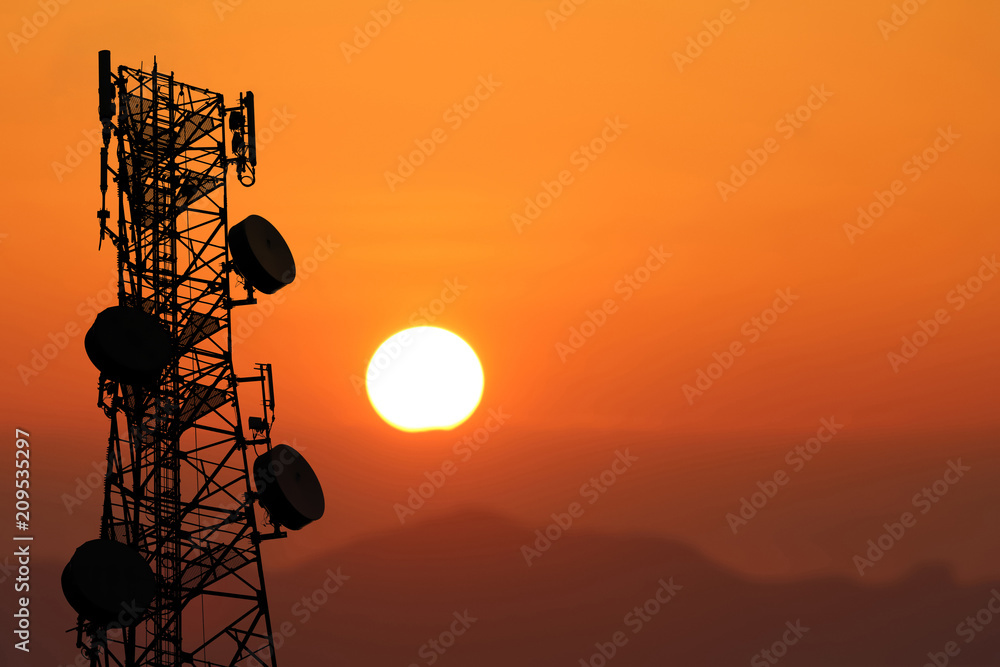 Telecommunication tower or poles, in the evening,Red sky sunset background