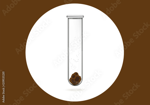 Medical test of feces in a test tube in a wite circle and brown background. Vector illustration