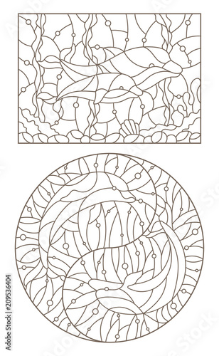 Set of contour illustrations by dolphins, round and rectangular image, dark contours on a light background