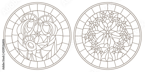 Set of contour illustrations of stained glass Windows on biblical theme, Jesus baby with Mary and Joseph and Christmas wreath with Holly, dark outlines on white background,round image in  frame