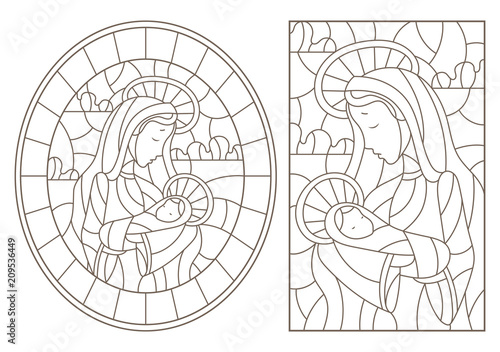 Set of contour Illustration in stained glass style on biblical theme, Jesus baby with Mary , abstract figures on sky background with clouds, a circular image and a rectangular image photo