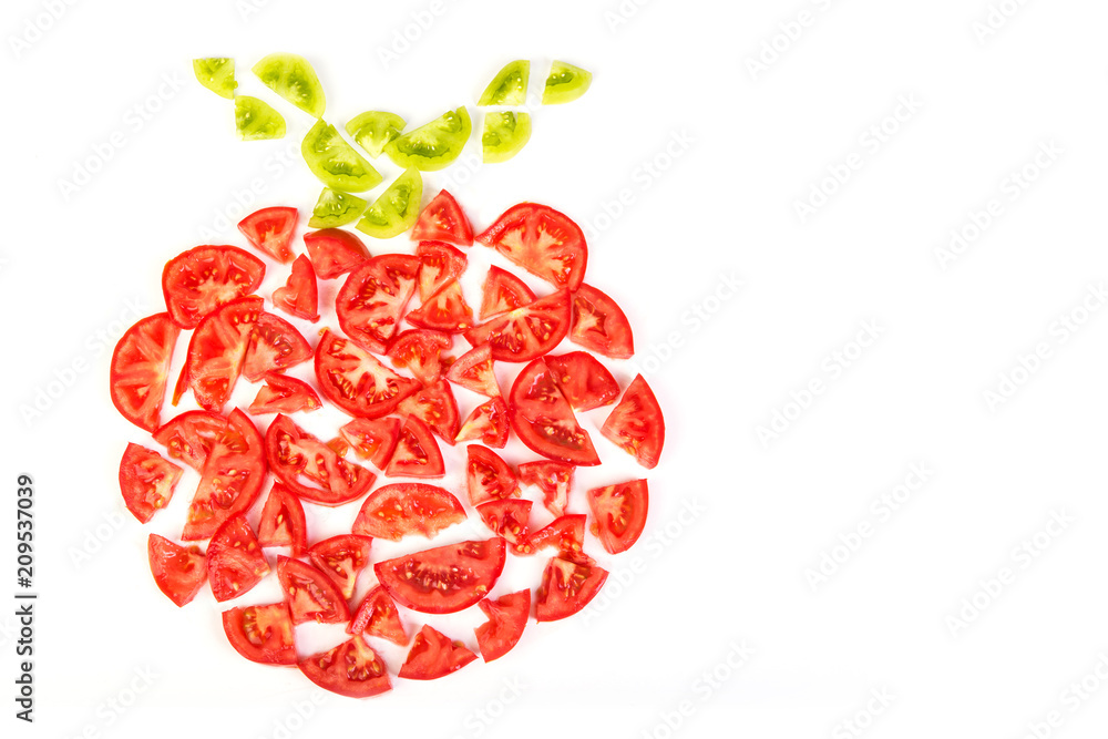 Fototapeta premium Tomato consisting of slices of tomato. The concept of a tomato consisting of elements. Isolated on white background. White inscription field.
