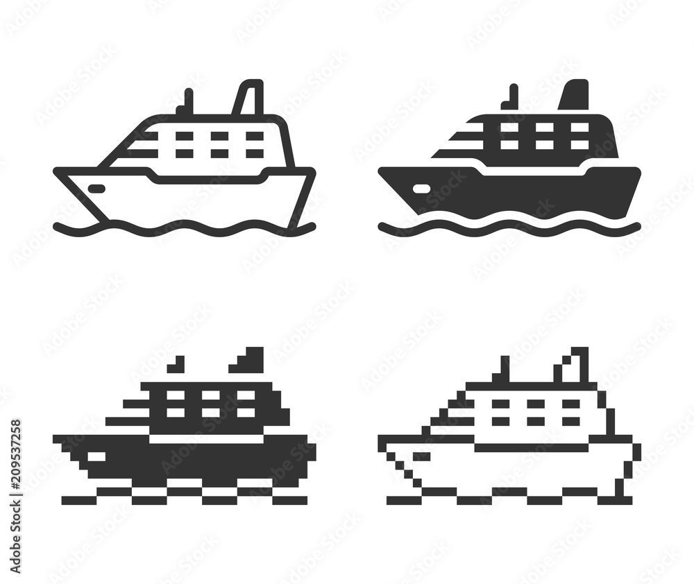 Monochromatic ship icon in different variants: line, solid, pixel, etc. Monochromatic ship icon in different variants: line, solid, pixel, etc.
