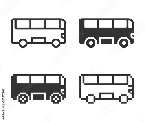 Monochromatic bus icon in different variants: line, solid, pixel, etc.