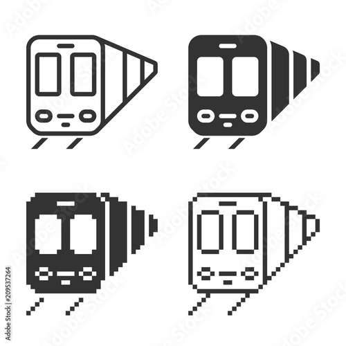 Monochromatic train icon in different variants: line, solid, pixel, etc.