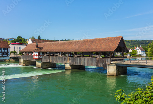 Medieval bridge over the Reuss river in the Swiss town of Bremgarten