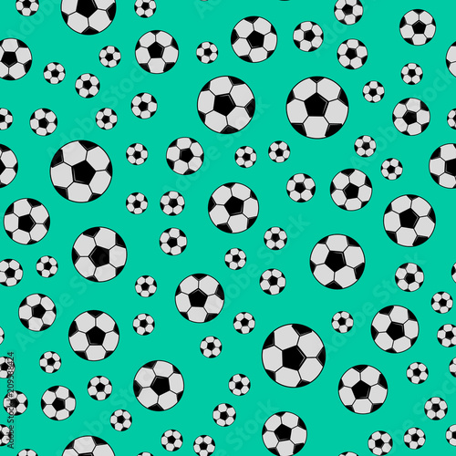 Black and white soccer balls on green background. Football seamless pattern. Cartoon sport vector illustration. Easy to edit design template for your artworks. © Vera