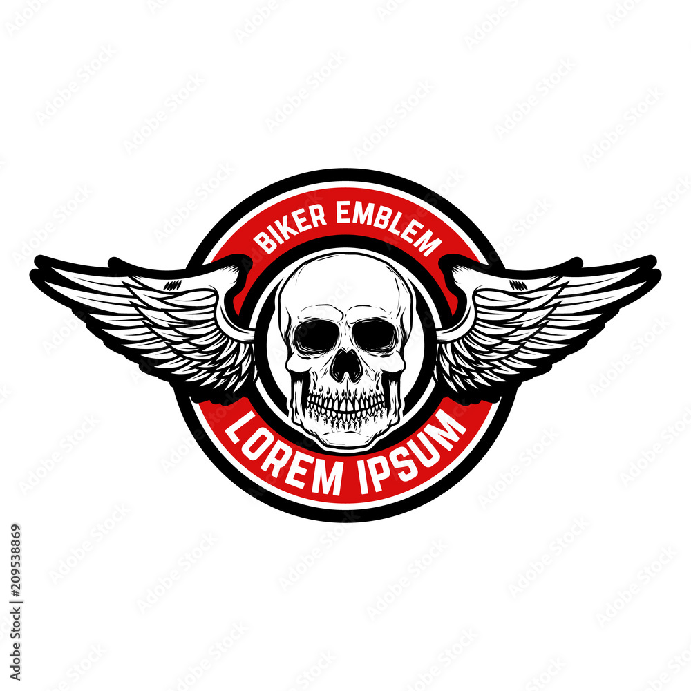 Fototapeta premium Template of the emblem of racer club. Skull with wings. Design element for logo, label, badge, sign.