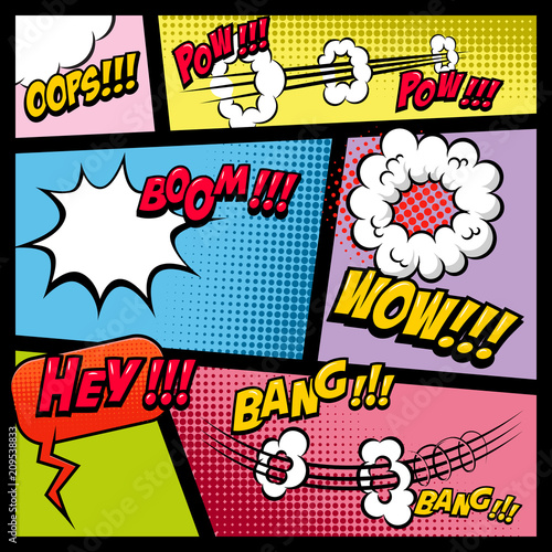 Comic page mockup with color background. Bomb, dynamite, explosions. Design element for poster, card, print, banner, flyer.