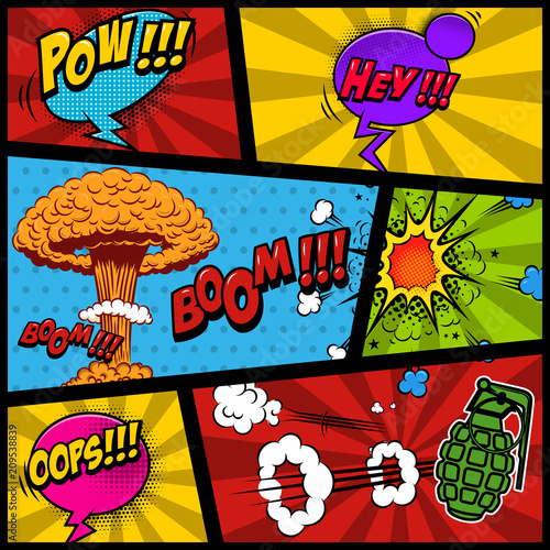 Fototapeta Komiks strony makieta z kolorem tła. Bomba, dynamit, eksplozje. Element projektu plakatu, karty, drukowanie, baner, ulotki.