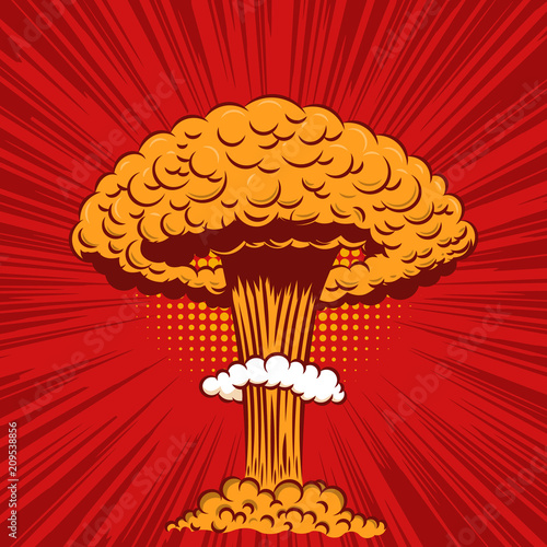 Comic style nuclear explosion on pop art style background. Design element for poster, card, banner, flyer.