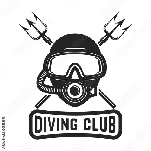 Diving club. Diver mask with crossed tridents. Design element for logo, label, sign.