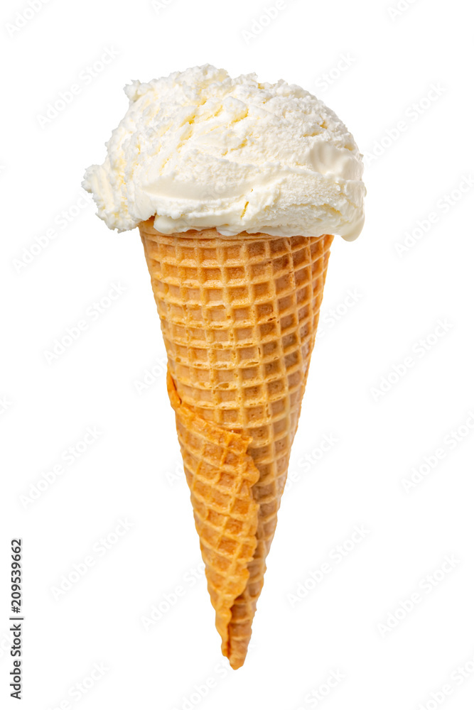 wafer cup with white ball of ice cream isolated on white background, close up wafer cup with white ball of ice cream isolated on white background, close up