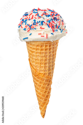 wafer cone with white scoop of ice cream and sprinkles isolated on white background, concept 4th of july Independence Day