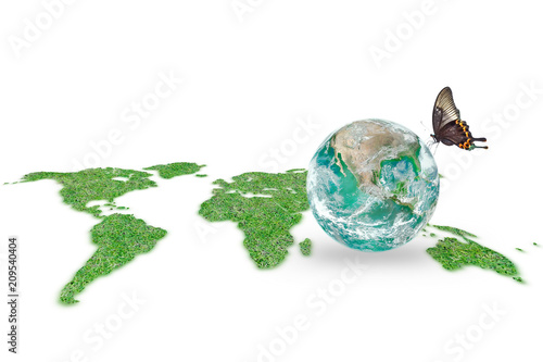 World environment day and CSR ecology go green concept with green planet globe on earth map :Elements of this image furnished by NASA photo