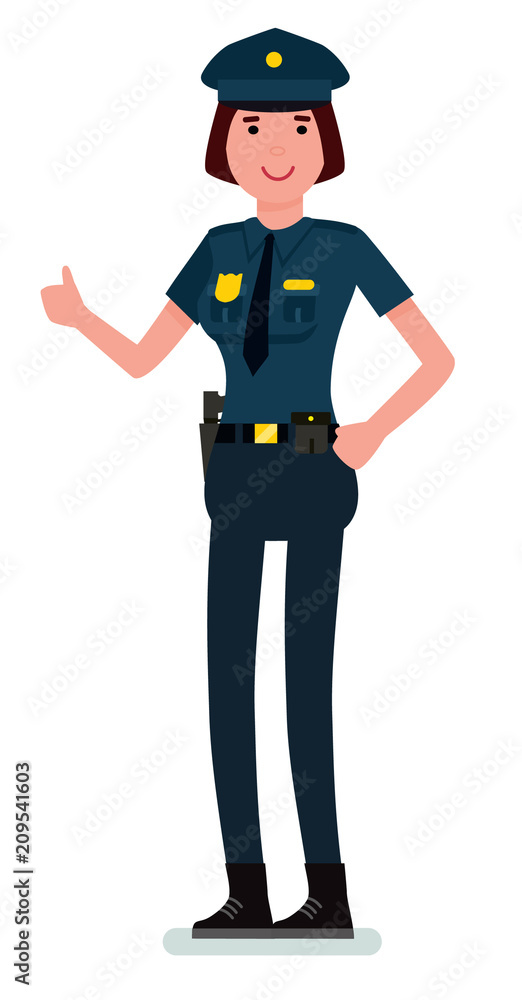 Smiling young police woman in uniform shows you thumb up. Vector cartoon flat design illustration isolated on white background.