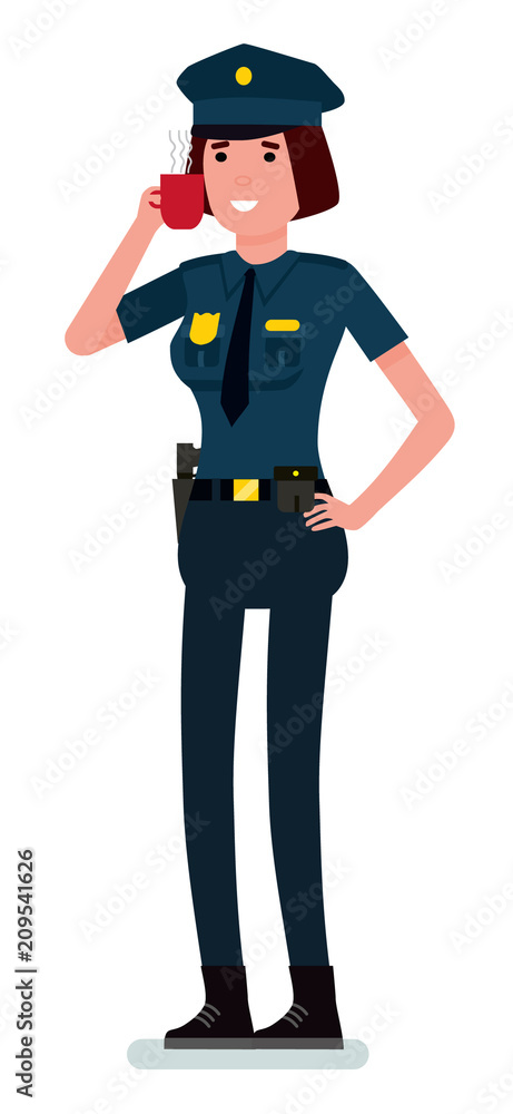Happy female police officer with coffee cup. Vector flat cartoon design  illustration isolated on white background. Stock Vector | Adobe Stock