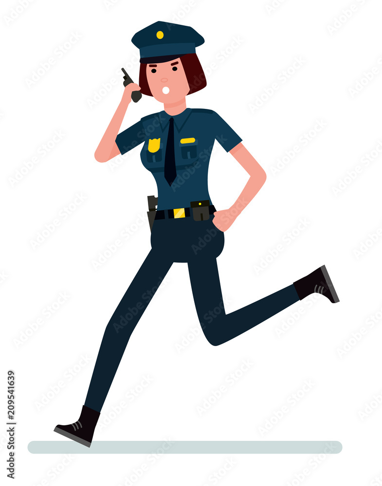 Vector cartoon flat illustration of a police woman running after the  criminal. Illustration isolated on white background. Stock Vector | Adobe  Stock