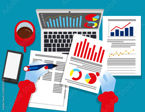 Analyst business. Auditor working on statistical data paper documents. Concept business vector illustration, Report, Spreadsheets, Flat design style, Isolated on blue background.
