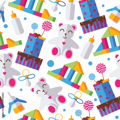 Seamless pattern with bright kids toys, cake, nipple and bottle on white background. Bold colors, dots.