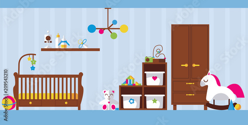 Vector flat interior illustration with newborn kid room. Baby bed, toys, wardrobe, boxes and shelve for child accessories on light blue background