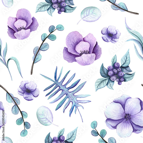 Seamless Pattern of Watercolor Violet Flowers and Green Leaves