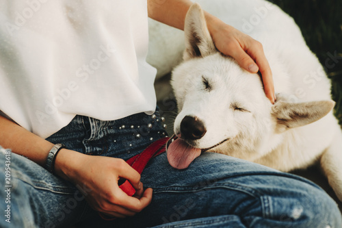Woman petting relaxed dog