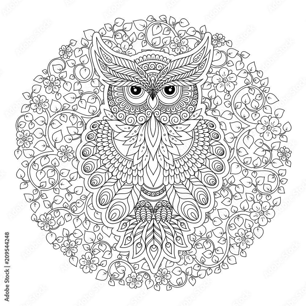Naklejka Coloring page with cute owl and floral frame.