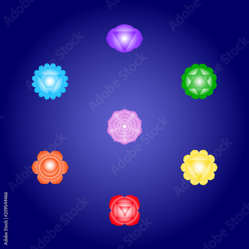 Seven chakras in colors arranged in a circle on dark blue space background. Isoteric flat icons. Vector illustration eps10