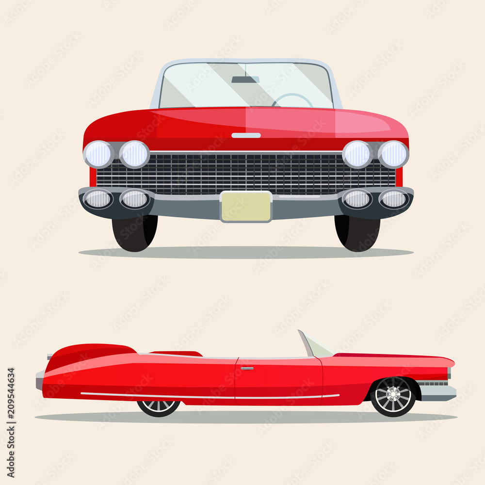 Retro red car vintage isolated. Side and front view. Vector flat style illustration