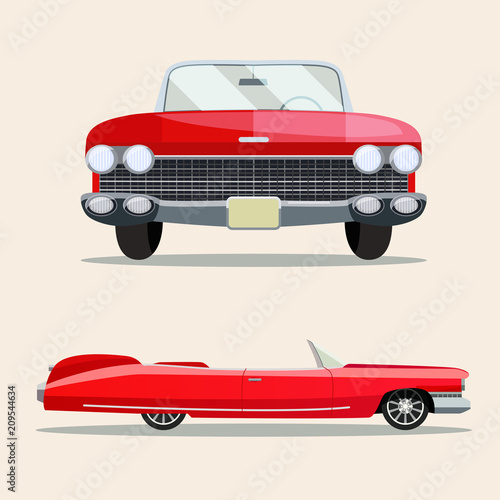 Retro red car vintage isolated. Side and front view. Vector flat style illustration